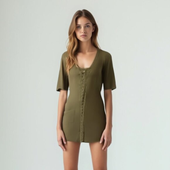 Guess ribbed Olive Knit Dress with Lace-Up Detail S - Picture 1 of 14